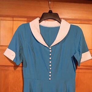 Vintage Blue Dress with White Accents